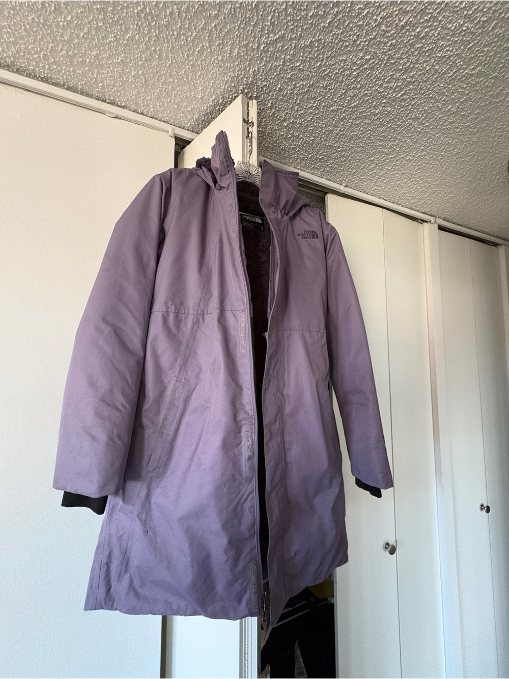 The North Face Women's Lilac Puffer Jacket with Gray Fleece Lining